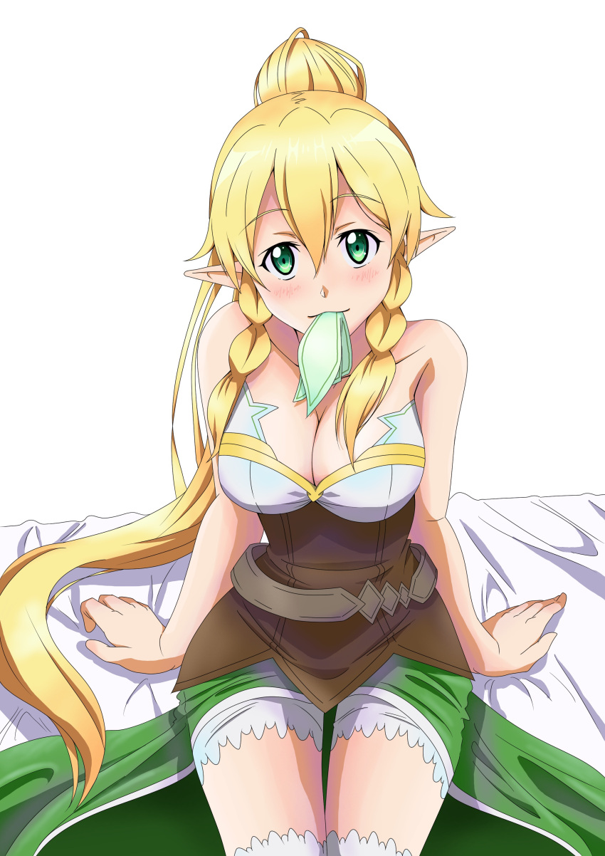 1girl absurdres arm_strap bed_sheet blonde_hair braid breasts cleavage collarbone eyebrows_visible_through_hair forest freekenji422 green_eyes hair_between_eyes high_ponytail highres large_breasts leafa long_hair looking_at_viewer mouth_hold nature short_shorts shorts sidelocks simple_background sitting solo strapless sword_art_online thigh-highs twin_braids very_long_hair white_background white_legwear white_shorts