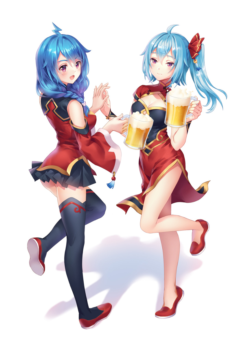 1girl 2girls :d ahoge alcohol beer bili_girl_22 bili_girl_33 bilibili_douga black_legwear black_skirt blue_hair blush braid breasts carminar cleavage_cutout cup drinking_glass facial_mark forehead_mark hair_between_eyes hair_over_shoulder highres holding holding_drinking_glass looking_at_viewer medium_breasts multiple_girls official_art open_mouth red_footwear shadow shoes skirt smile standing standing_on_one_leg thigh-highs twintails violet_eyes wide_sleeves