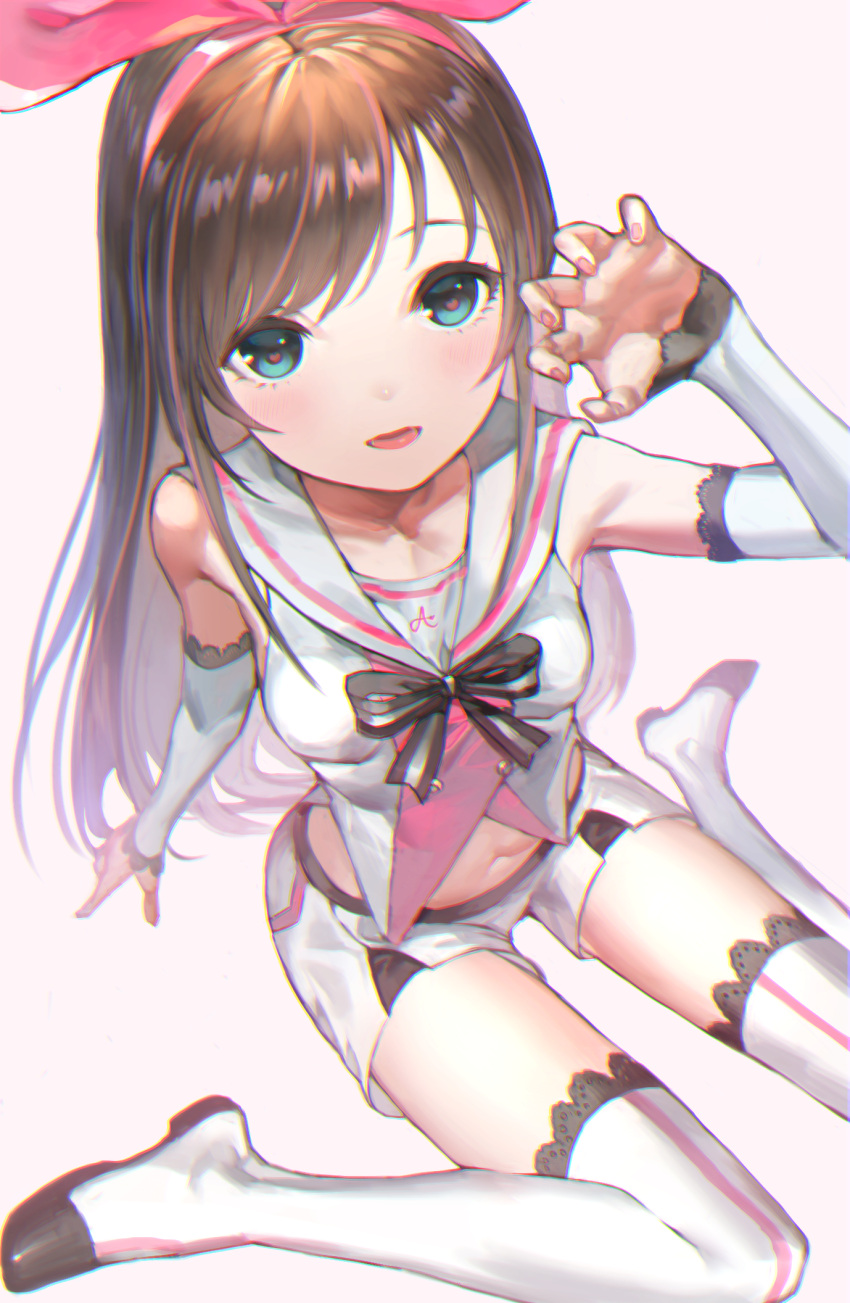 1girl a.i._channel bangs bare_shoulders black_bow black_neckwear blue_eyes blush bow bowtie breasts brown_hair buttons chromatic_aberration claw_pose collarbone detached_sleeves eyebrows eyelashes fingernails hand_up heart heart-shaped_pupils highres hinako_(anzu15) kizuna_ai lace lace-trimmed_sleeves lace-trimmed_thighhighs lace_trim legs_apart long_hair multicolored_hair nail_polish navel open_mouth pink_hair pink_nails sailor_collar school_uniform serafuku shirt shorts sitting sleeveless sleeveless_shirt sleeves_past_wrists small_breasts smile solo stomach straight_hair streaked_hair striped_neckwear swept_bangs symbol-shaped_pupils thigh-highs virtual_youtuber wariza white_legwear white_sailor_collar white_shorts zettai_ryouiki
