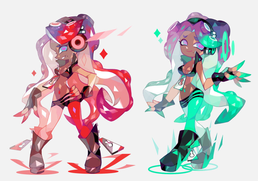 1girl amakusa_(hidorozoa) blue_eyes boots breasts cephalopod_eyes character_request cleavage closed_mouth dark_skin fingernails gradient_hair green_hair green_nails grey_background hand_on_hip headphones iida_(splatoon) long_hair looking_at_viewer microskirt mole mole_under_eye multicolored_hair multiple_views nail_polish octarian purple_hair red_nails redhead short_shorts shorts simple_background skirt smile splatoon splatoon_2 standing suction_cups tentacle tentacle_hair very_long_hair zipper
