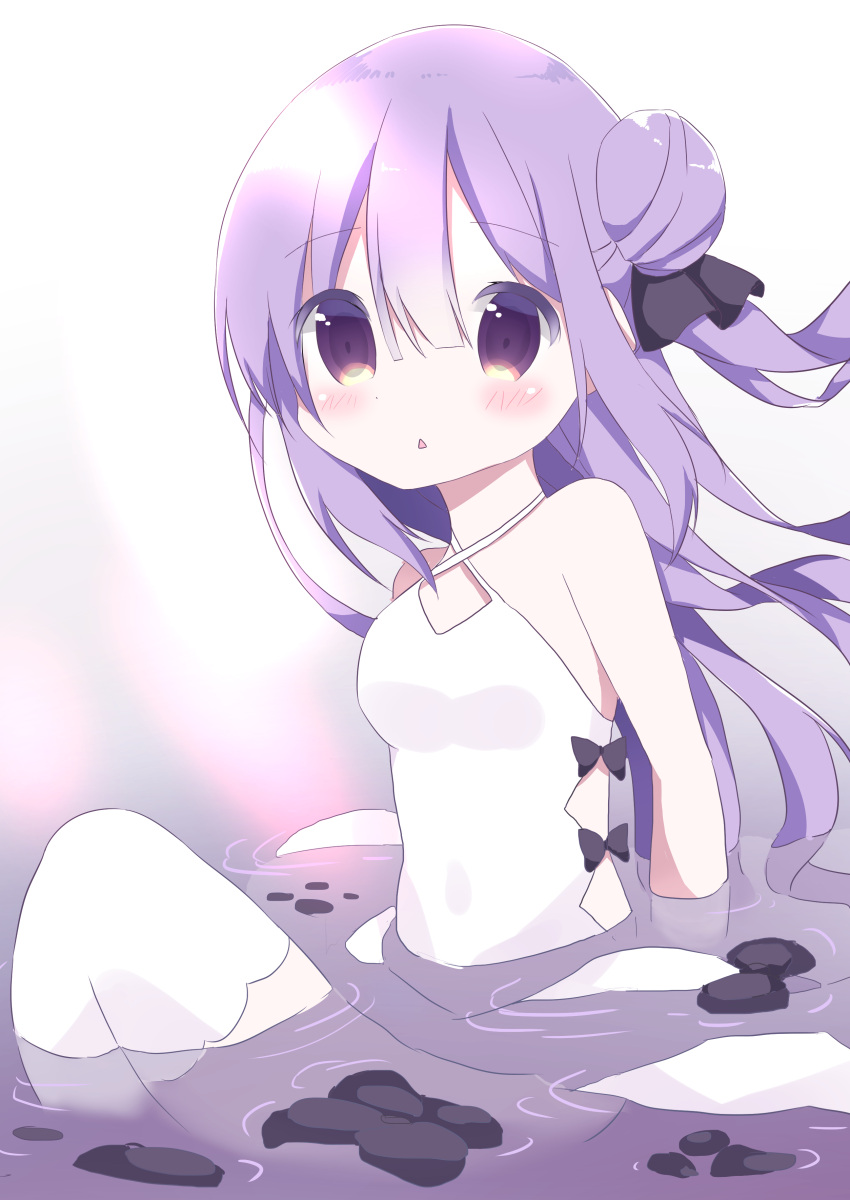 1girl :&lt; absurdres azur_lane bangs bare_arms bare_shoulders black_bow black_ribbon blush bow breasts commentary_request criss-cross_halter dress eyebrows_visible_through_hair gradient gradient_background hair_between_eyes hair_bun hair_ribbon halterneck hamada_pengin highres looking_at_viewer medium_breasts one_side_up parted_lips partially_submerged purple_hair ribbon side_bun sitting solo thigh-highs triangle_mouth unicorn_(azur_lane) violet_eyes water white_background white_dress white_legwear