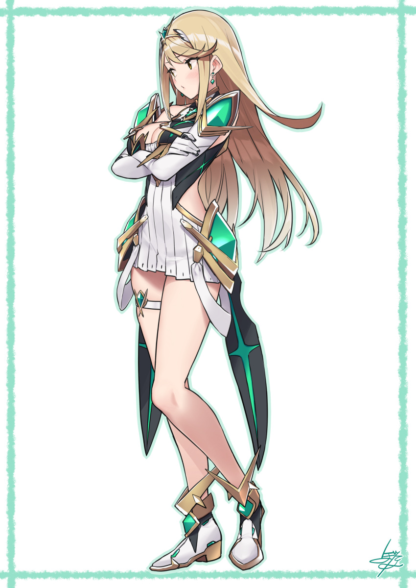 1girl absurdres baffu bare_legs blonde_hair breasts brown_eyes cleavage cleavage_cutout commentary_request crossed_arms dress earrings elbow_gloves gloves hair_ornament hairband highres mythra_(xenoblade) jewelry large_breasts long_hair looking_away shoes side_cutout sidelocks sleeveless sleeveless_dress solo thigh_strap white_background white_dress xenoblade_(series) xenoblade_2