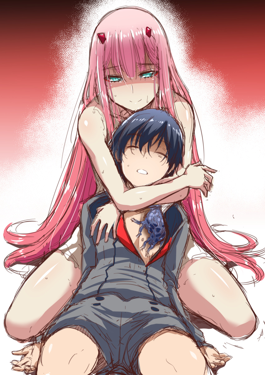 1boy 1girl black_hair couple darling_in_the_franxx dress green_eyes highres hiro_(darling_in_the_franxx) horns hug long_hair military military_uniform nekoi_hikaru oni_horns open_clothes pink_hair short_hair sweat uniform white_dress zero_two_(darling_in_the_franxx)