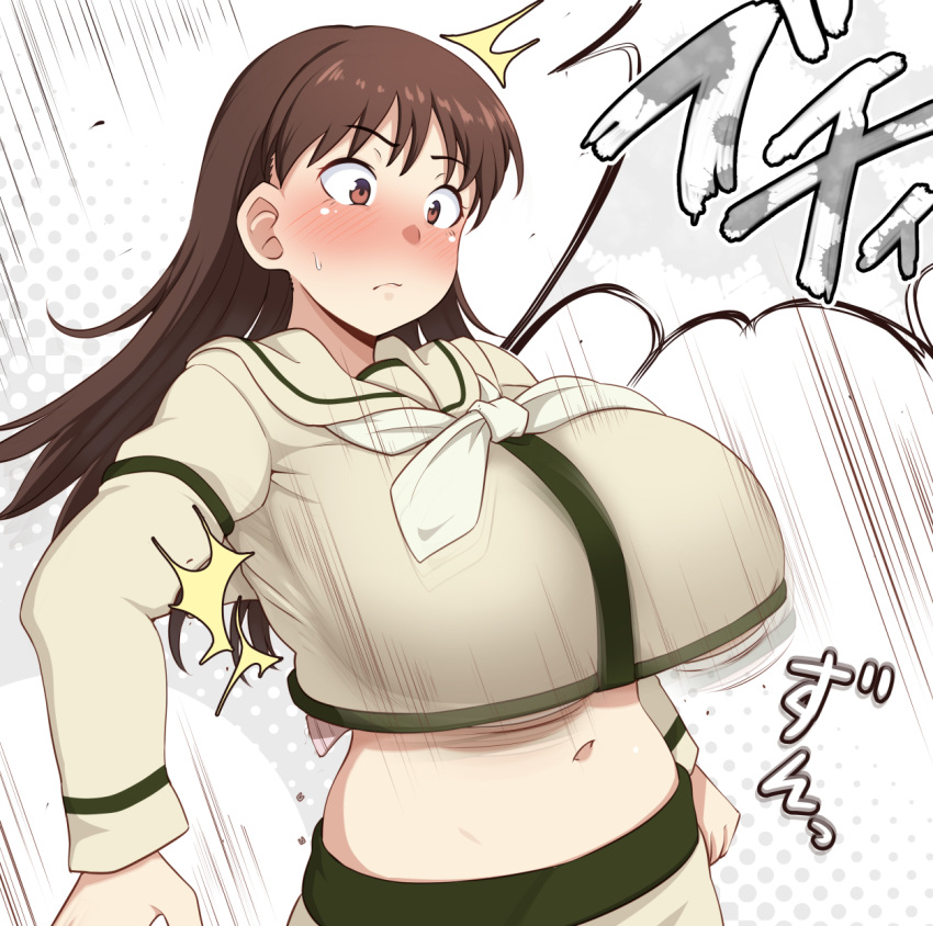 1girl alternate_breast_size blush breasts brown_eyes brown_hair commentary_request highres huge_breasts kantai_collection long_hair midriff navel ooi_(kantai_collection) popped_button remodel_(kantai_collection) ryuun_(stiil) school_uniform serafuku solo surprised upper_body wardrobe_malfunction