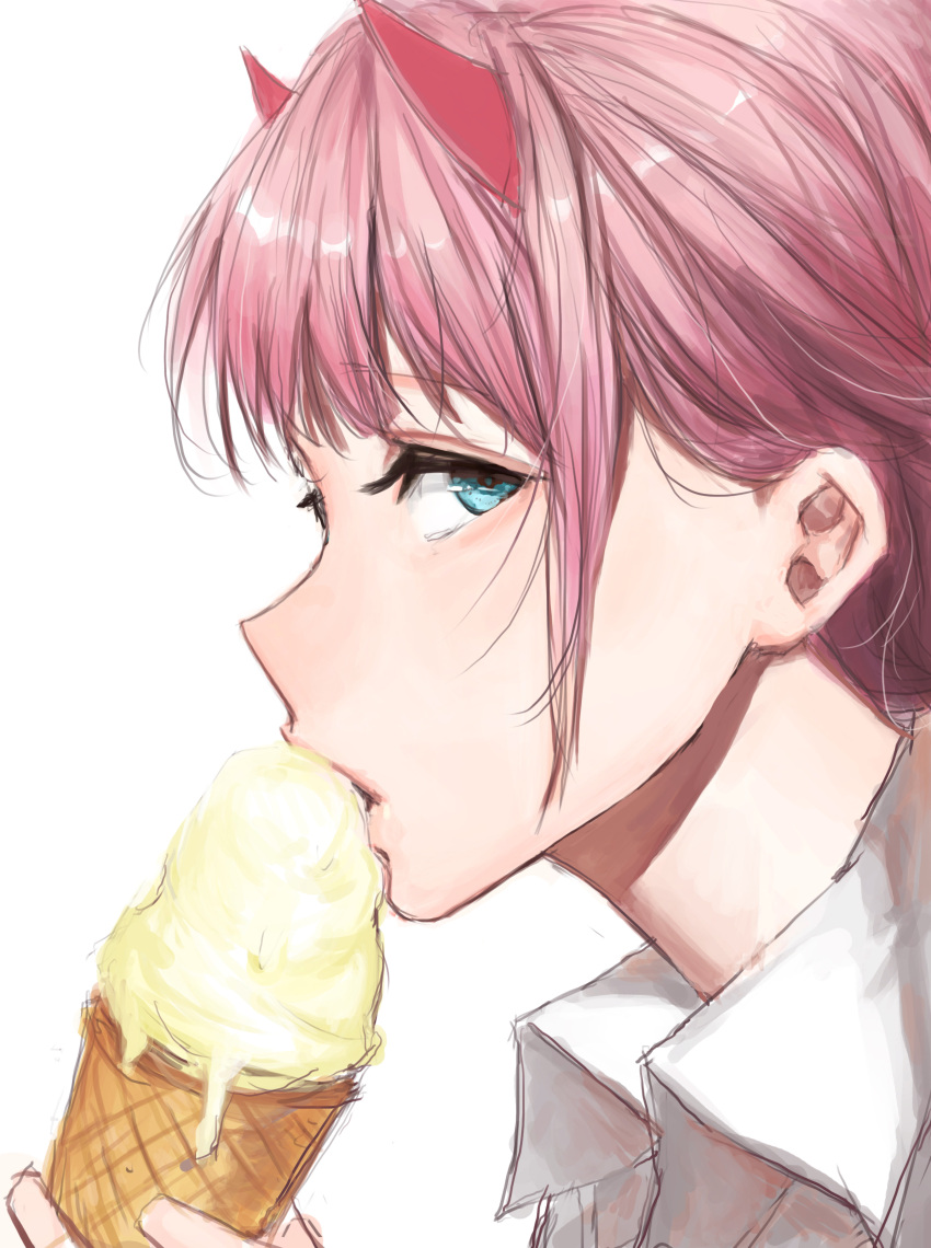 1girl absurdres aqua_eyes bangs collared_shirt darling_in_the_franxx eating food highres holding holding_food horns ice_cream liudaohai6001 looking_at_viewer pink_hair profile shirt simple_background solo white_background white_shirt zero_two_(darling_in_the_franxx)