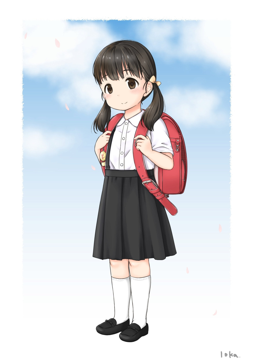 1girl absurdres backpack bag brown_eyes brown_hair crime_prevention_buzzer full_body highres kneehighs long_hair low_twintails original randoseru ribbon school_uniform shirt skirt smile solo suspender_skirt suspenders twintails white_legwear white_shirt