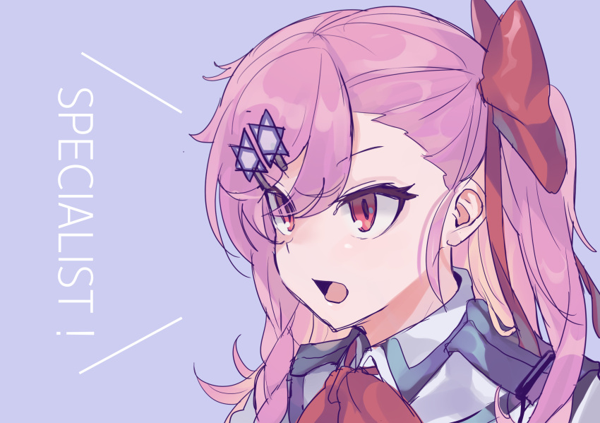 1girl bangs bow braid collared_jacket eyebrows_visible_through_hair eyes_visible_through_hair girls_frontline grey_background hair_between_eyes hair_bow hair_ornament hair_ribbon hairclip hexagram highres jacket jingo long_hair looking_afar neck_ribbon negev_(girls_frontline) open_mouth pink_hair red_bow red_eyes red_ribbon ribbon simple_background smile solo star_of_david