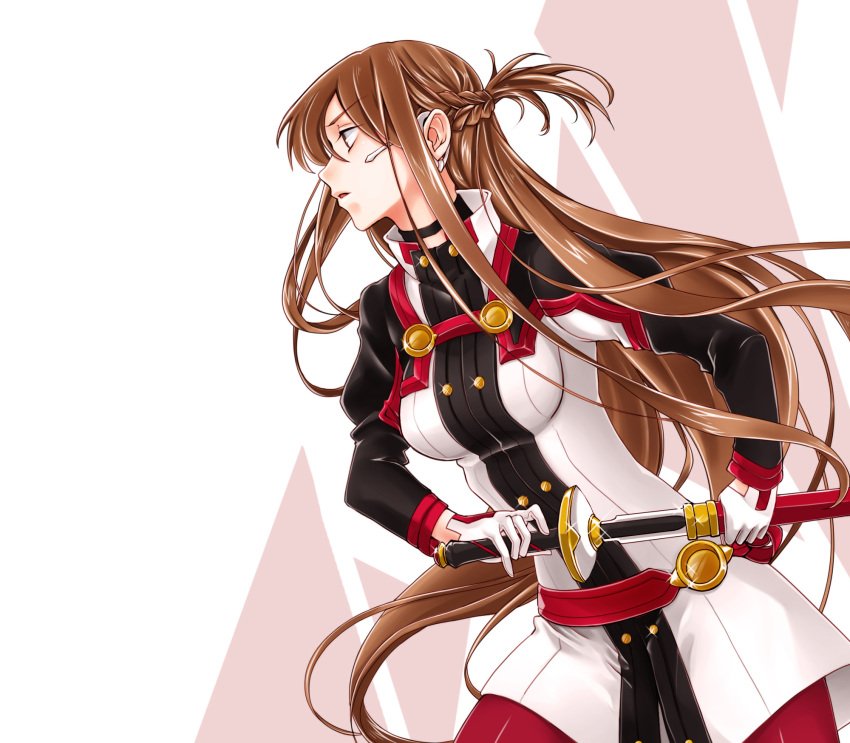 1girl asuna_(sao) breasts brown_eyes brown_hair darksidekula eyebrows_visible_through_hair floating_hair from_side gloves grey_background hair_between_eyes highres holding holding_sheath holding_sword holding_weapon long_hair medium_breasts pants red_pants sheath solo sword sword_art_online sword_art_online_the_movie:_ordinal_scale unsheathing very_long_hair weapon white_gloves