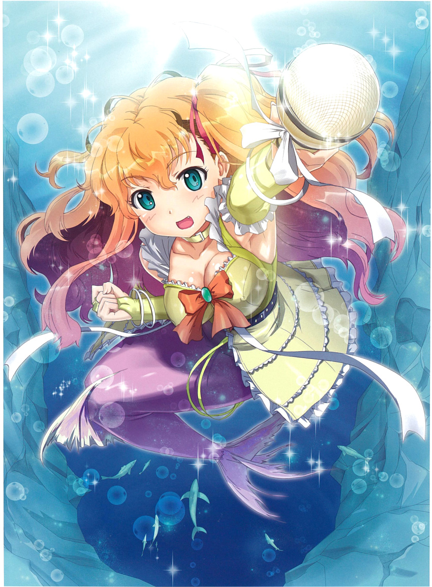1girl :d absurdres aqua_background bangs bracelet breasts cardfight!!_vanguard choker cleavage covered_nipples frills green_eyes hair_ribbon highres jewelry kimura_shigetaka large_breasts long_hair looking_at_viewer mermaid microphone monster_girl open_mouth orange_hair prism_on_the_water_myrtoa ribbon smile solo sparkle wrist_cuffs