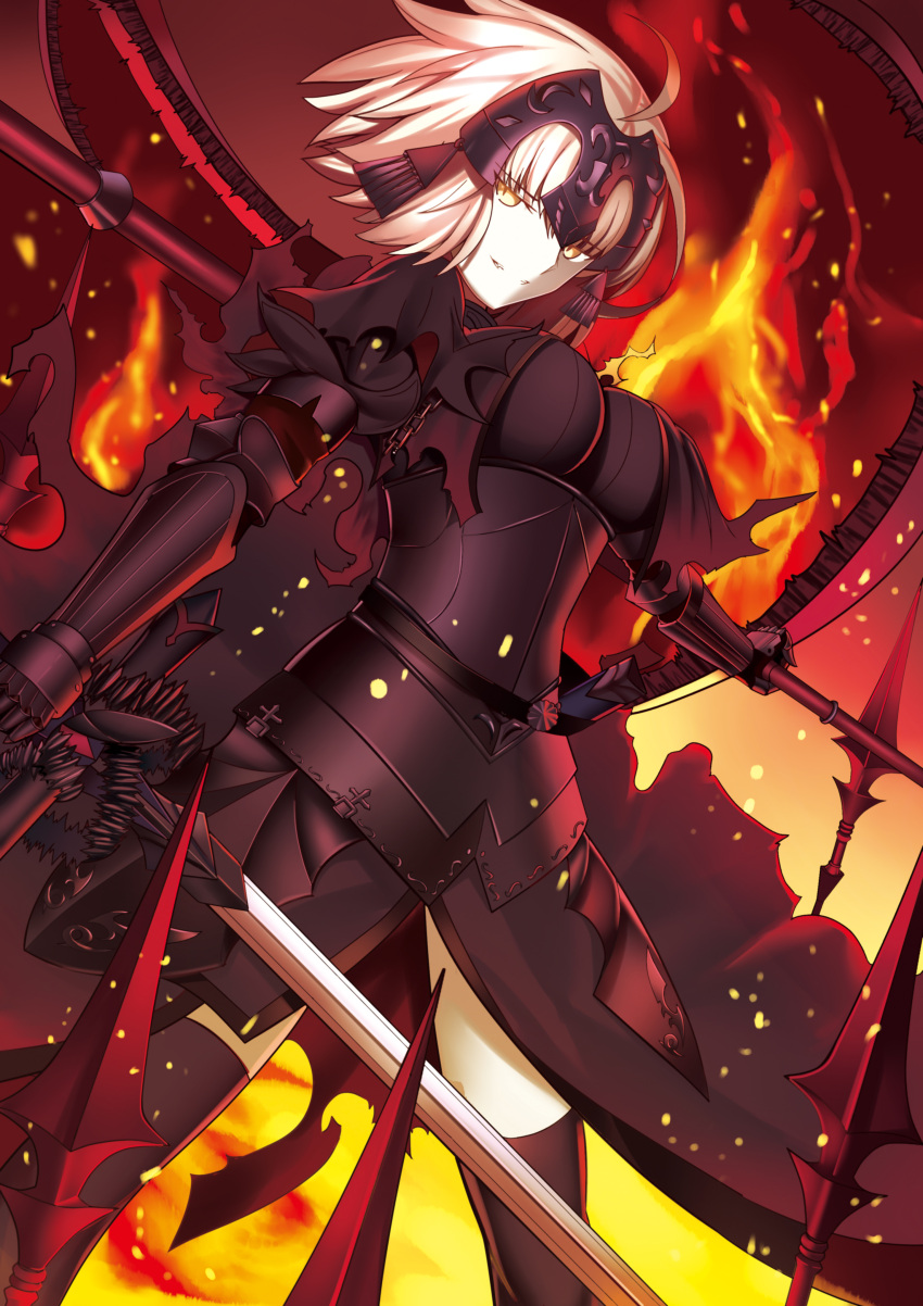 1girl absurdres ahoge armor armored_dress chains fate/apocrypha fate/grand_order fate_(series) faulds flag gauntlets grey_hair headpiece highres holding holding_sword holding_weapon jeanne_d'arc_(alter)_(fate) jeanne_d'arc_(fate)_(all) paperfinger plackart short_hair solo standing sword thigh-highs weapon yellow_eyes