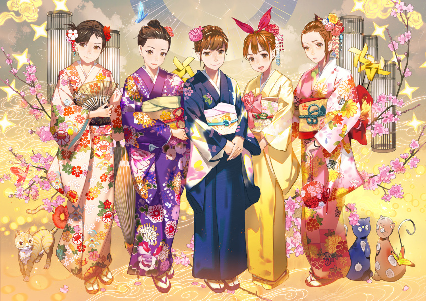 5girls :d bangs_pinned_back blue_kimono bow branch brown_eyes brown_hair cat cherry_blossoms commentary_request el-zheng fan floral_print flower folding_fan get hair_bow hair_bun hair_flower hair_ornament highres holding holding_fan japanese_clothes kimono long_sleeves looking_at_viewer multiple_girls obi open_mouth original own_hands_together pink_bow pink_kimono purple_kimono sandals sash smile standing v_arms white_legwear wide_sleeves yellow_kimono