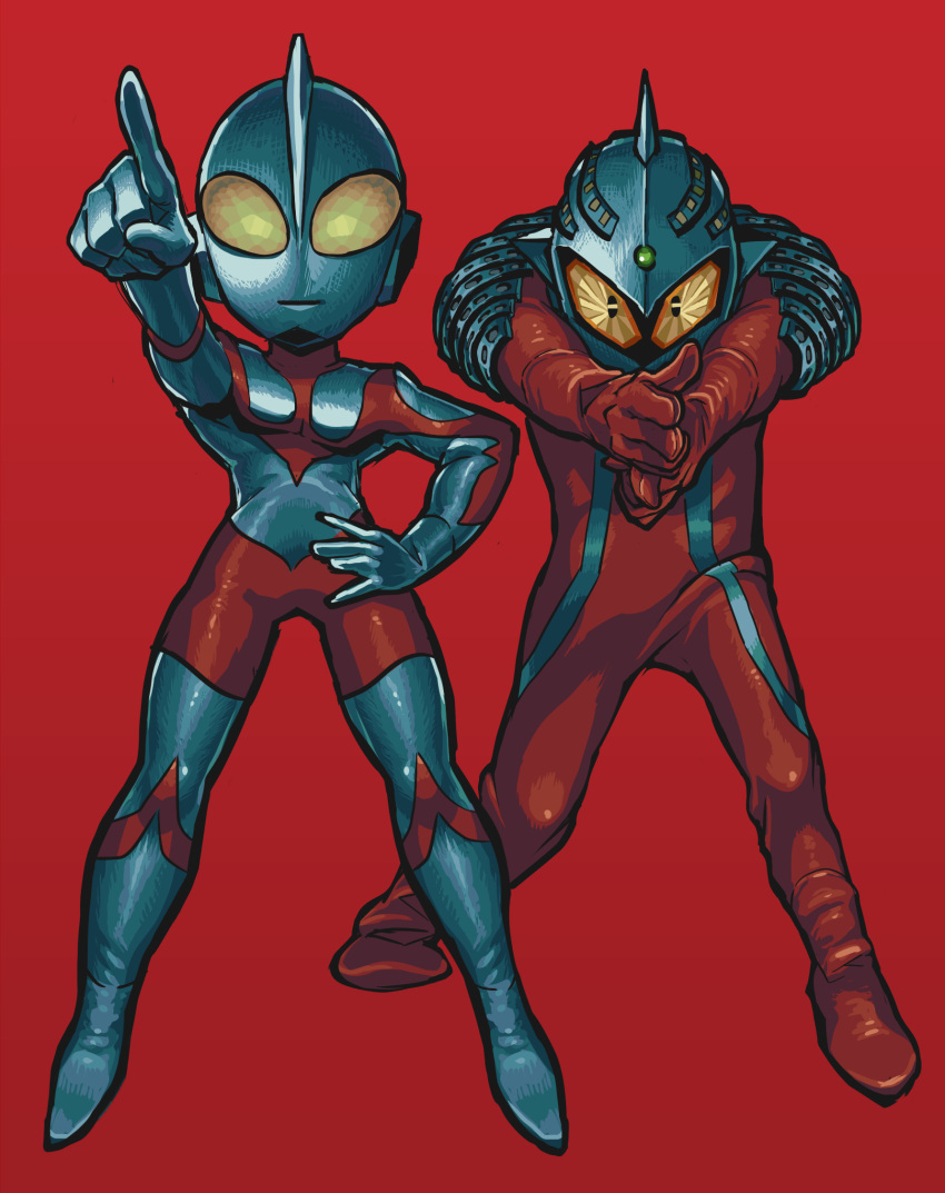 2boys bodysuit finger_gun gashi-gashi hand_on_hip highres hunched_over looking_at_viewer male_focus mask multiple_boys pointing pointing_up red_background simple_background skin_tight smile tagme ultra_series ultra_seven ultra_seven_(series) ultraman ultraman_(1st_series)