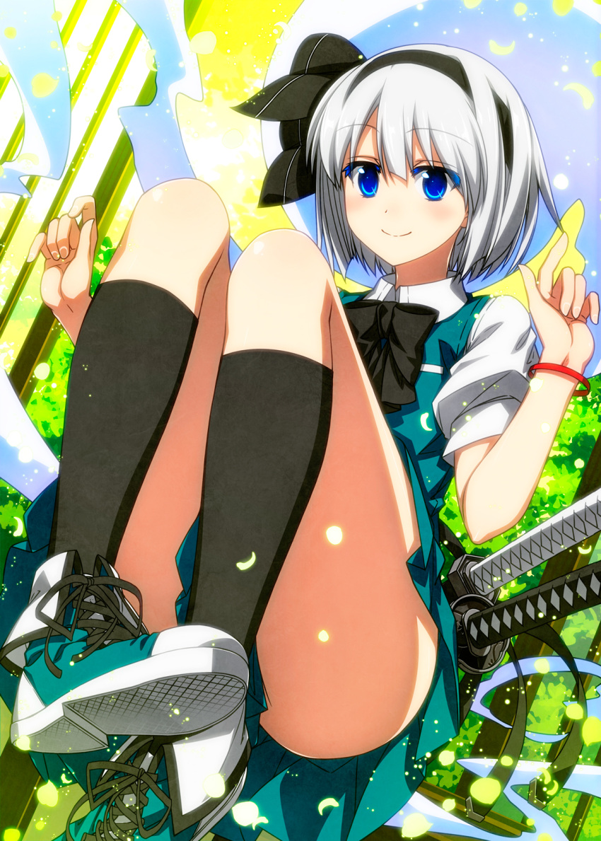 1girl ass black_hairband black_legwear black_neckwear black_ribbon blue_eyes blush bow bowtie colored_eyelashes commentary_request eyebrows_visible_through_hair full_body green_footwear green_skirt green_vest hair_ribbon hairband hands_up highres hitodama katana kneehighs knees_up konpaku_youmu konpaku_youmu_(ghost) light_particles looking_at_viewer miniskirt pleated_skirt puffy_short_sleeves puffy_sleeves ribbon sazanami_mio sheath sheathed shirt shoes short_hair short_sleeves silver_hair skirt smile sneakers solo sword thighs touhou vest weapon white_shirt wing_collar