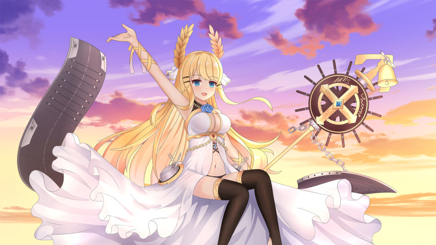 1girl :d absurdres arm_ribbon arm_up azur_lane bangs bare_arms bare_shoulders bell biako black_legwear black_panties blonde_hair blue_eyes blush breasts cleavage clouds commentary_request dress eyebrows_visible_through_hair hair_ornament hair_ribbon hairclip highres holding holding_staff impossible_clothes impossible_dress large_breasts laurel_crown long_hair navel open_mouth outdoors panties revision ribbon ship's_wheel sitting sky sleeveless sleeveless_dress smile solo staff sunset thigh-highs thighs underwear very_long_hair victorious_(azur_lane) white_dress white_ribbon yellow_ribbon