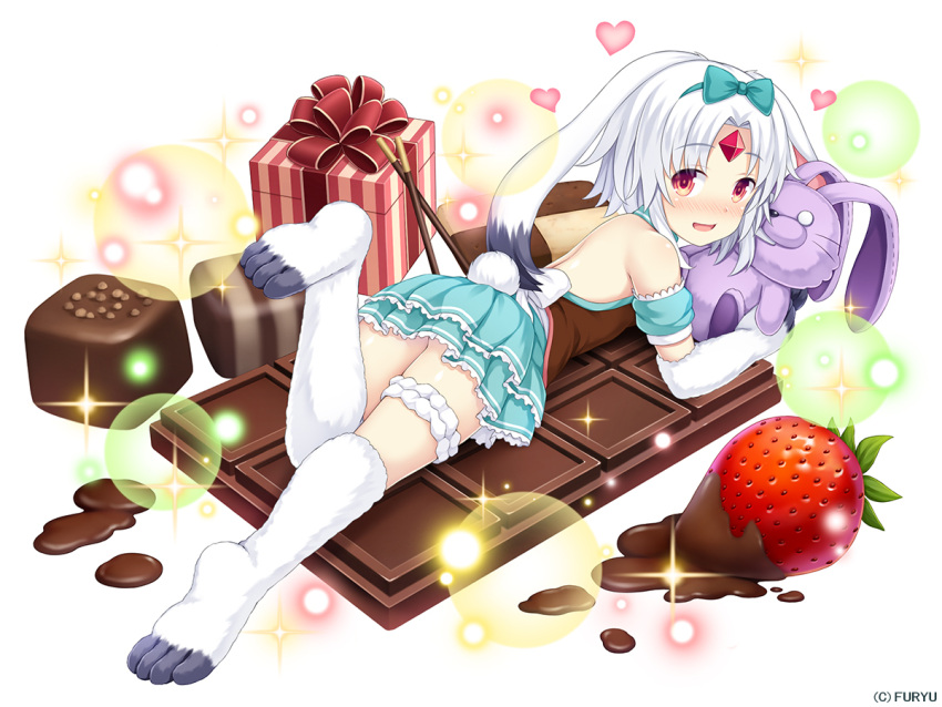 1girl :d animal_ears aqua_bow aqua_dress aqua_hairband backless_outfit bangs blush bow box bunny_girl checkerboard_cookie chocolate_bar company_name cookie crystal dress eyebrows_visible_through_hair food forehead_jewel fruit full_body fur gem gift gift_box hair_bow hairband heart leg_up looking_at_viewer looking_back lying medium_hair melting monmusume-harem namaru_(summer_dandy) nose_blush off-shoulder_dress off_shoulder official_art on_stomach open_mouth oversized_object parted_bangs paws pocky rabbit_ears red_eyes ruby_(stone) rurie_(monmusume-harem) short_dress smile solo sparkle strawberry stuffed_animal stuffed_bunny stuffed_toy tareme thigh_strap white_background white_hair