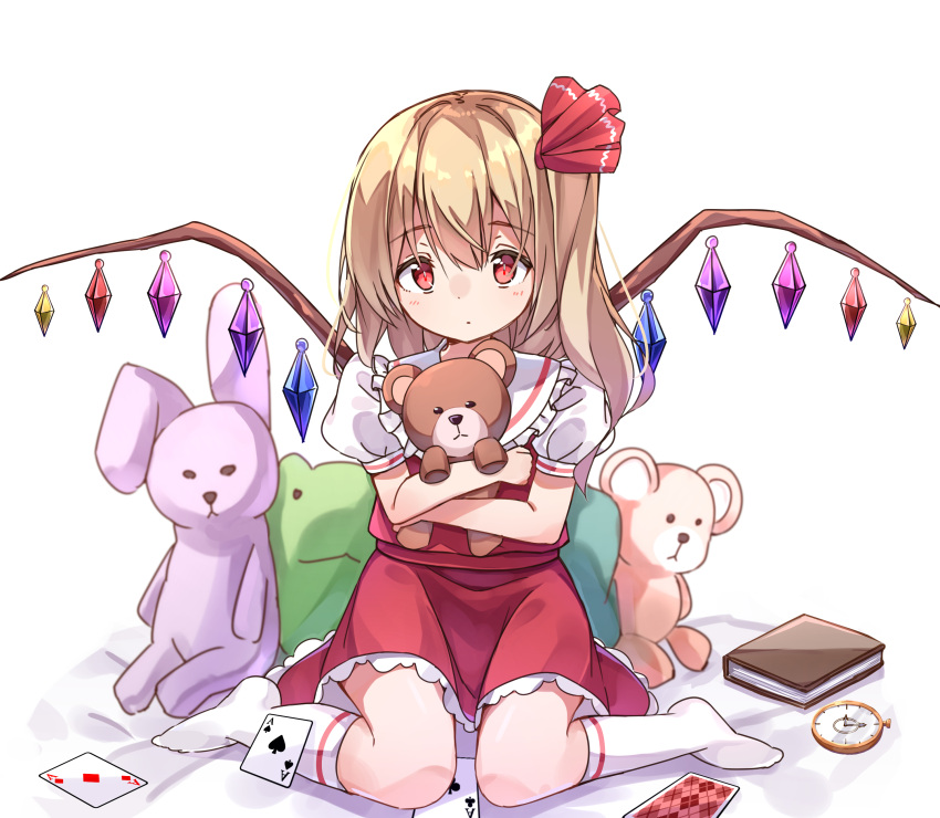 1girl :o absurdres ace_of_clubs ace_of_diamonds ace_of_spades alternate_hair_length alternate_hairstyle blonde_hair book card commentary_request eyebrows_visible_through_hair flandre_scarlet hair_between_eyes hair_ribbon highres kneehighs long_hair looking_at_viewer no_headwear no_shoes object_hug playing_card pocket_watch puffy_short_sleeves puffy_sleeves red_eyes red_skirt red_vest revision ribbon shadow short_sleeves side_ponytail simple_background sitting skirt slit_pupils solo stuffed_animal stuffed_bunny stuffed_toy tareme teddy_bear touhou vest wariza watch white_background white_legwear wings zoirun