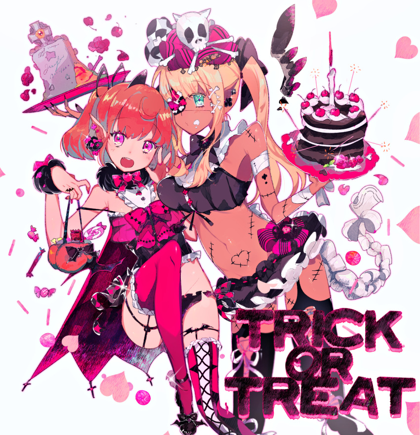 2girls :d ankle_lace-up aqua_eyes arm_up bandage bandaged_arm bangs bare_arms bare_shoulders black_eyepatch black_footwear black_legwear black_neckwear black_skirt blonde_hair blush bob_cut bone_hair_ornament bow bowtie breasts cake candle candy center_frills character_request cherry closed_mouth colored_eyelashes commentary copyright_request crop_top cross-laced_footwear cross-laced_legwear dark_skin dot_nose eyebrows_visible_through_hair eyepatch fang fingernails fishnet_legwear fishnets food food_on_face frilled_legwear frilled_skirt frills fruit fur_collar garter_straps goemon_(kawagoe) groin halloween hand_up hands_up high_heels highres holding holding_plate jewelry knee_up large_breasts lollipop long_fingernails long_hair lowleg lowleg_panties microskirt midriff multiple_girls nail_polish navel one_eye_covered open_mouth orange_hair panties pink_bow pink_eyes pink_legwear pink_nails pink_neckwear pinky_ring plate pointy_ears pursed_lips raised_eyebrows ribbon ring shiny shiny_hair shoe_bow shoes short_hair simple_background skirt small_breasts smile spaghetti_strap sparkle stitches stomach strap_slip swirl_lollipop thigh-highs thigh_gap trick_or_treat twintails underwear white_background white_ribbon wrapped_candy wrist_cuffs