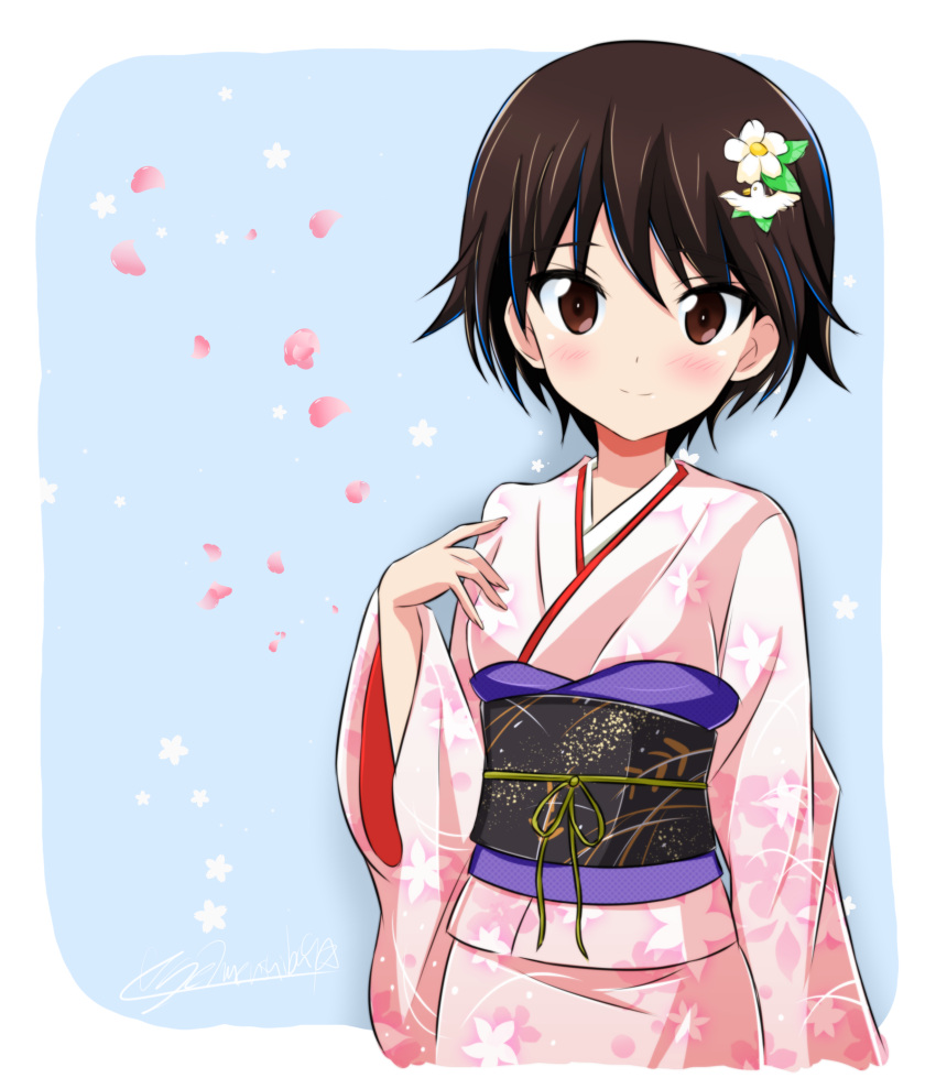 1girl absurdres bangs blue_background blush brown_eyes brown_hair closed_mouth commentary_request cropped_torso duck_hair_ornament floral_print flower getsumen_suibaku_ver._a(c) girls_und_panzer hair_flower hair_ornament highres isobe_noriko japanese_clothes kimono looking_at_viewer obi outside_border petals pink_kimono print_kimono rounded_corners sash short_hair smile solo standing twitter_username