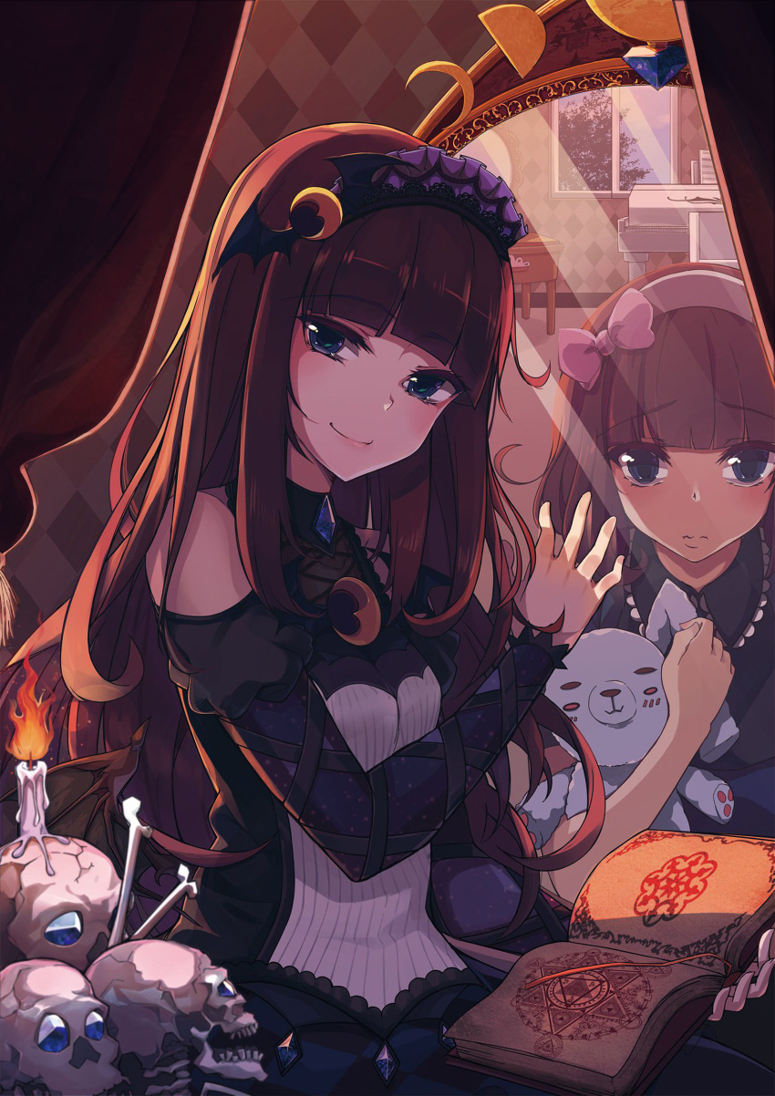 1girl absurdres argyle bangs black_dress blue_eyes blunt_bangs blush_stickers book bow brown_hair candle crescent curtains demon_wings different_reflection dress dual_persona fire flame gem hairband head_tilt highres instrument kurosu_aroma lolita_hairband long_hair long_sleeves looking_at_viewer low_wings mirror open_book piano pink_bow pripara reflection revision skull smile sparkle stuffed_animal stuffed_bunny stuffed_toy tears tree wavy_mouth window wings xingjinmeijian