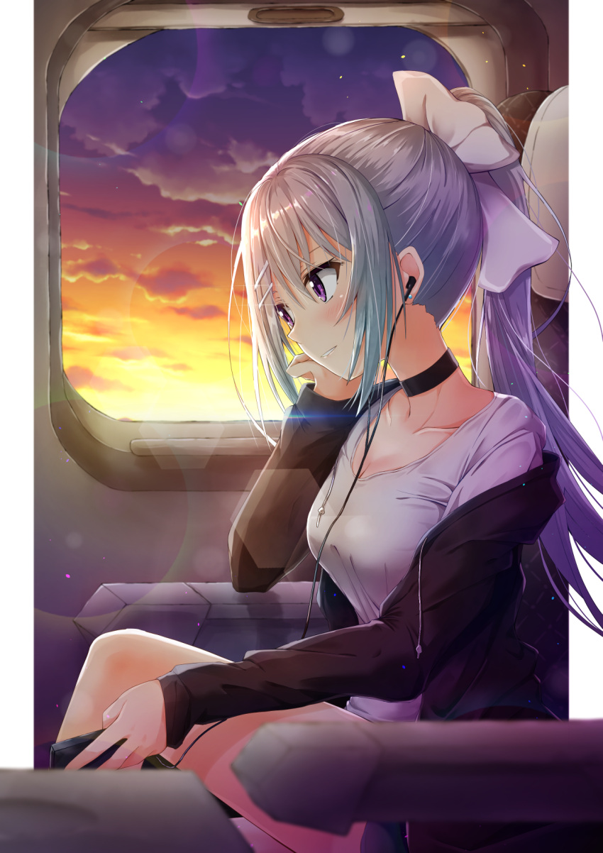 1girl arm_support bangs black_choker black_jacket blurry blurry_foreground bow breasts brown_sky choker clouds cloudy_sky collarbone commentary_request depth_of_field earphones earphones gradient_sky hair_between_eyes hair_bow hair_ornament hairclip highres higuchi_kaede jacket kuria_(clear_trip_second) long_hair medium_breasts nijisanji off_shoulder open_clothes open_jacket parted_lips ponytail purple_sky shirt silver_hair sitting sky solo sunset train_interior very_long_hair violet_eyes virtual_youtuber white_bow white_shirt window yellow_sky