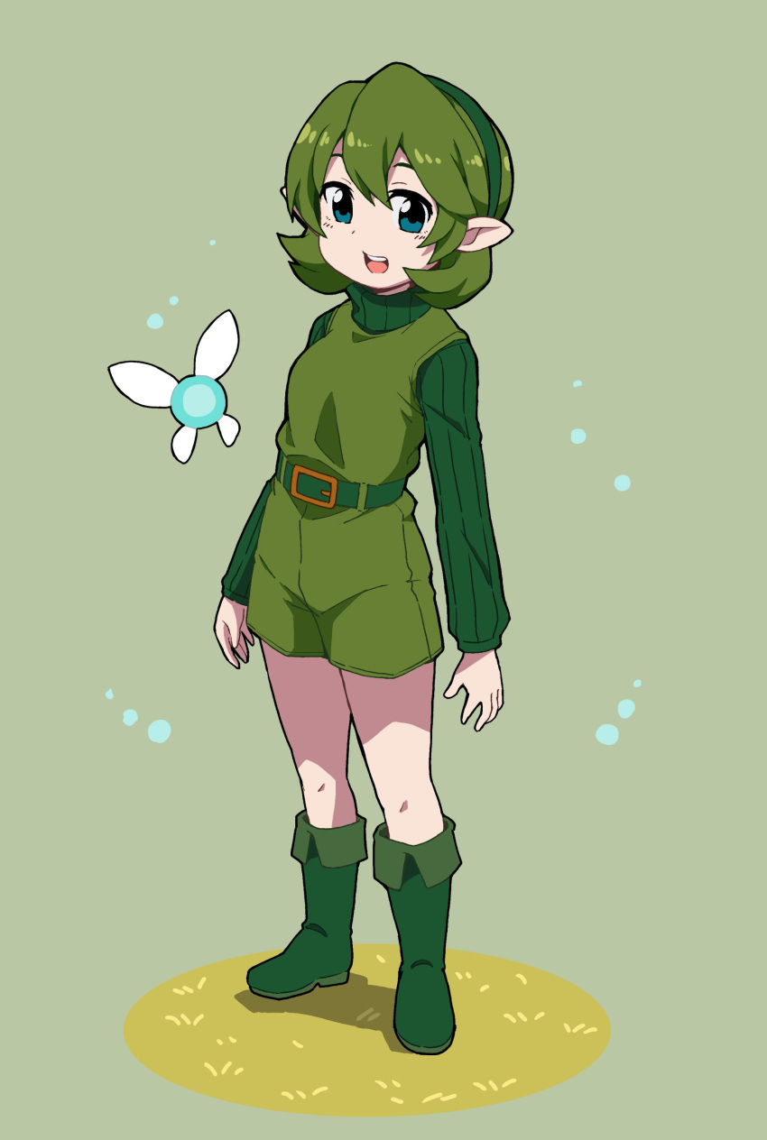 1girl :d absurdres arms_at_sides bangs belt belt_buckle blue_eyes boots breasts buckle fairy fairy_wings full_body grass green green_background green_belt green_footwear green_hair green_hairband green_sweater hair_between_eyes hairband highres kokiri long_sleeves medium_breasts nazonazo_(nazonazot) open_mouth pointy_ears saria short_hair simple_background smile solo standing sweater teeth the_legend_of_zelda the_legend_of_zelda:_ocarina_of_time tongue unitard wings