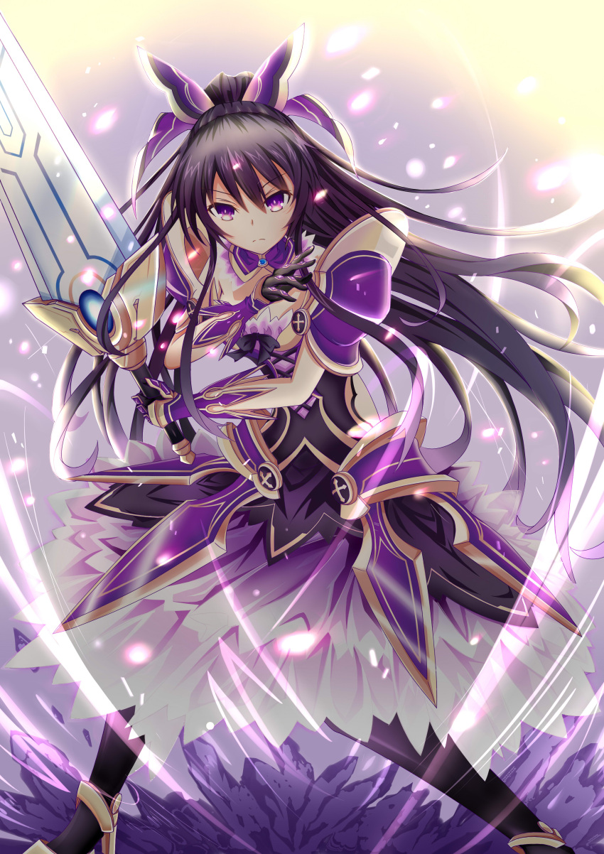 1girl absurdres armor armored_dress black_legwear commentary_request date_a_live detached_collar gauntlets hair_between_eyes hair_ribbon highres holding holding_sword holding_weapon long_hair looking_at_viewer miying_(13975192760) pauldrons purple_hair ribbon ribbon-trimmed_dress serious solo standing sword thigh-highs very_long_hair violet_eyes weapon yatogami_tooka