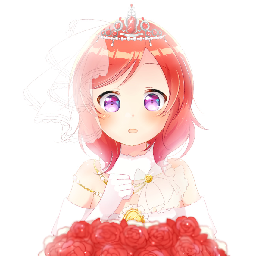 1girl blurry blush bouquet brooch clenched_hand depth_of_field flower fur_collar gem glint gloves hand_on_own_chest jewelry looking_at_viewer love_live! love_live!_school_idol_project medium_hair nishikino_maki pimi_(ringsea21) red_flower red_rose redhead rose ruby_(stone) simple_background solo tiara upper_body veil violet_eyes white_background white_gloves
