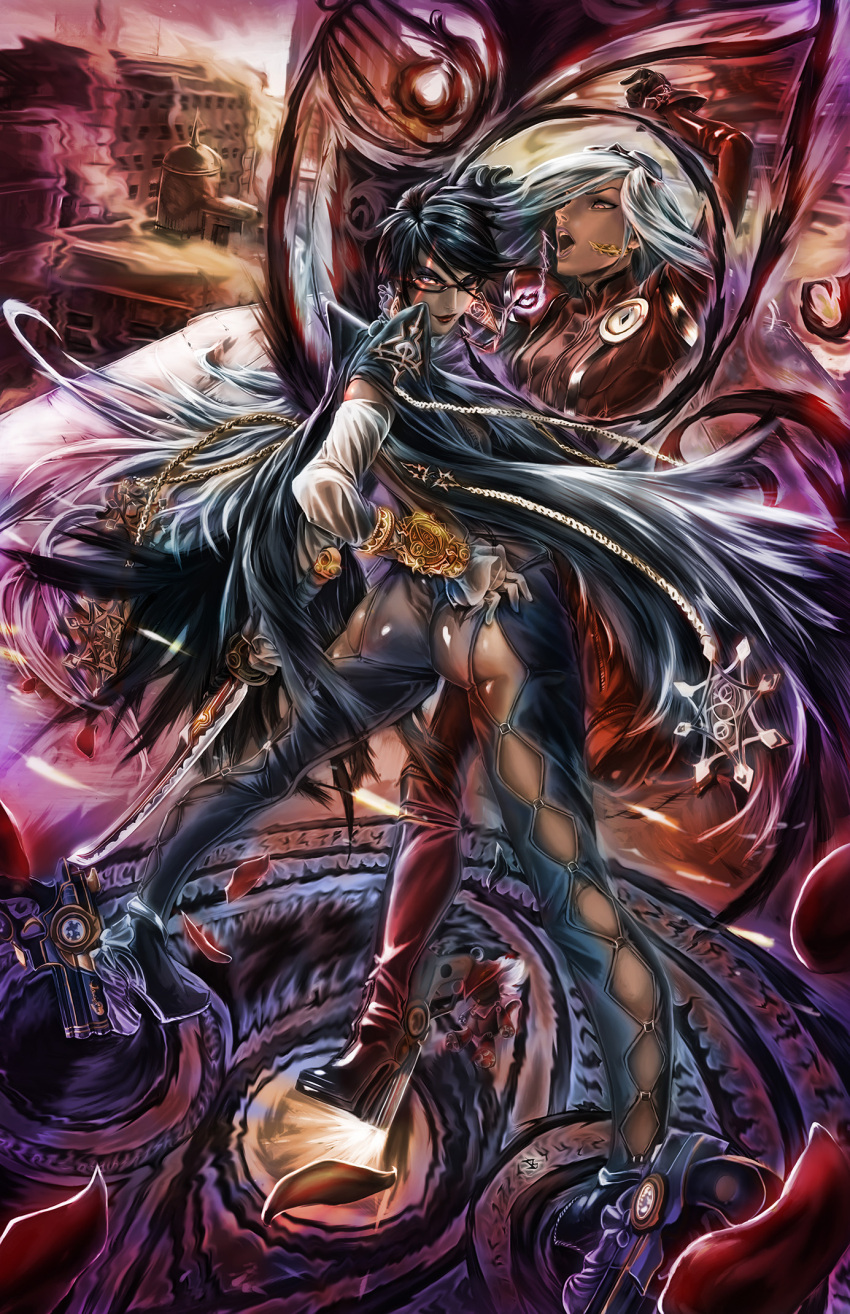 2girls ass_visible_through_thighs bayonetta bayonetta_(character) bayonetta_2 black_hair breasts earrings full_body glasses gloves gun handgun highres holding holding_sword holding_weapon jeanne_(bayonetta) jewelry judgmentboygold looking_back mole mole_under_mouth multiple_girls short_hair solo sword weapon white_hair