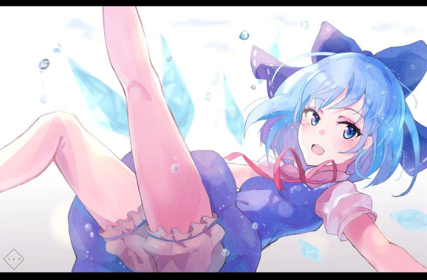 1girl :o bare_arms bloomers blouse blue_dress blue_eyes blue_hair blush bow breasts cirno dress dress_shirt eyebrows_visible_through_hair eyelashes falling feet_out_of_frame floating_hair grin hair_bow hyakunin_momoko ice ice_wings looking_to_the_side open_mouth outstretched_arms puffy_short_sleeves puffy_sleeves red_neckwear red_ribbon ribbon shiny shiny_clothes shirt short_hair short_sleeves signature simple_background small_breasts smile solo tareme teeth thighs touhou underwear water water_drop white_background white_shirt wings