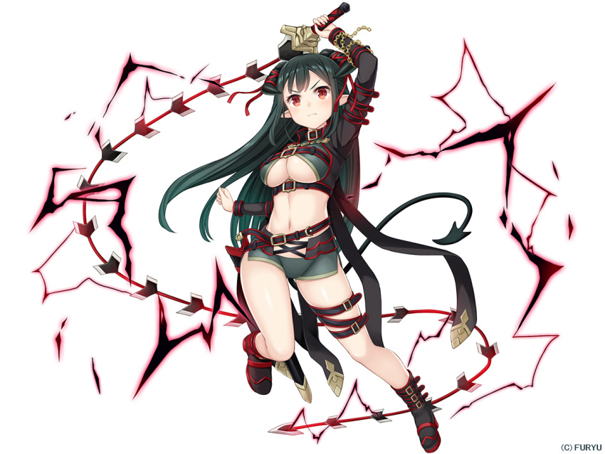 1girl arm_strap arm_up bangs beltskirt black_footwear black_shirt boots breasts buckle closed_mouth company_name crop_top demon_girl demon_horns demon_tail full_body green_hair green_shorts high_collar holding holding_weapon horn_ribbon horns large_breasts leg_up long_hair long_sleeves looking_at_viewer magic midriff monmusume-harem namaru_(summer_dandy) official_art pale_skin pointy_ears red_eyes red_ribbon ribbon scabbard seriouschain sheath shiny shiny_hair shirt short_shorts shorts sidelocks simple_background solo tail thigh_strap under_boob underbust unsheathed v-shaped_eyes weapon whip_sword white_background