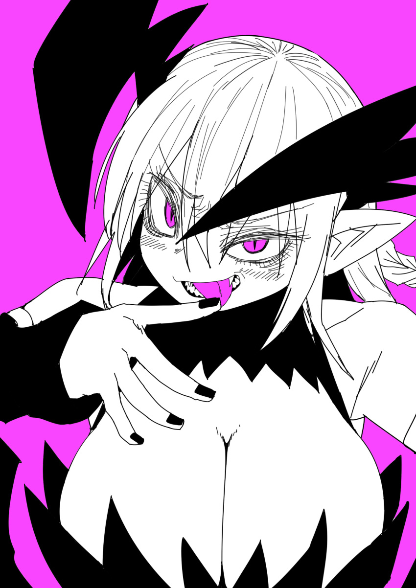 1girl black_nails breasts cleavage copyright_request dress evil_grin evil_smile fangs finger_licking fingernails grin hand_up head_wings highres huge_breasts juugoya_(zyugoya) licking long_hair looking_at_viewer nail_polish pointy_ears purple_background sanpaku sharp_teeth simple_background slit_pupils smile solo teeth tongue tongue_out upper_body violet_eyes