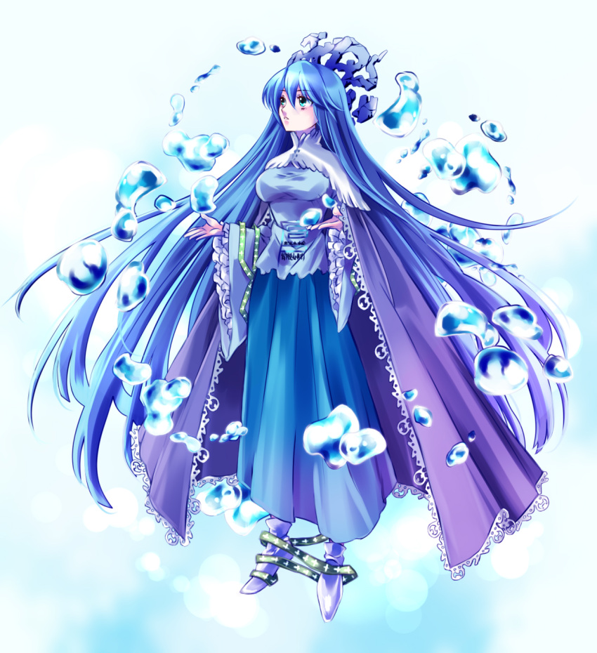 1girl bangs blue_eyes blue_footwear blue_hair blue_skirt breasts bubble cape commentary eyebrows_visible_through_hair frilled_cape frilled_sleeves frills full_body hair_between_eyes highres houshin_engi large_breasts long_hair long_skirt long_sleeves looking_up open_hand parted_lips purple_cape ryuukitsu_koushu shoes skirt solo su_(pixiv44447) very_long_hair water water_manipulation wide_sleeves