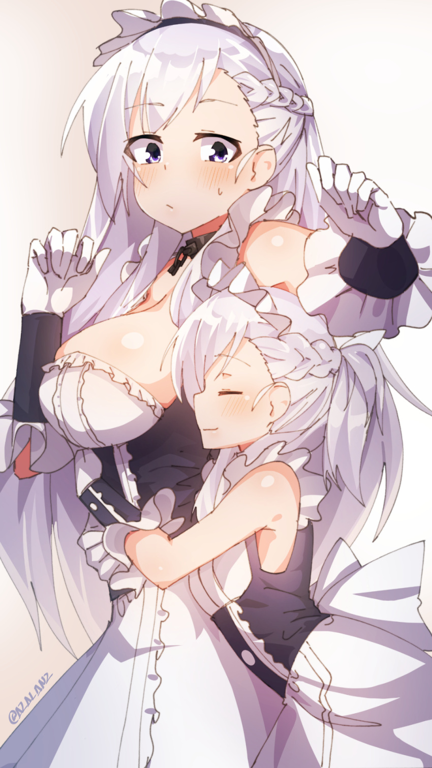 2girls azur_lane belfast_(azur_lane) blush braid breasts closed_eyes collar dual_persona eyebrows_visible_through_hair eyes_visible_through_hair gloves highres hug hug_from_behind large_breasts long_hair maid_headdress multiple_girls ponytail silver_hair smile tilt-shift time_paradox twitter_username very_long_hair violet_eyes white_gloves