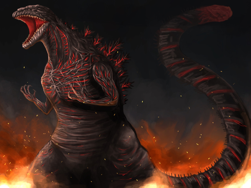 2345hello burning claws commentary_request destruction fire flame godzilla godzilla_(series) highres kaijuu monster no_humans open_mouth realistic science_fiction sharp_teeth shin_godzilla standing tail teeth