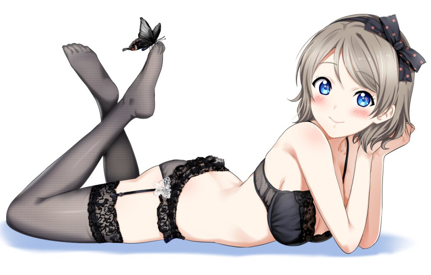 1girl ass black_bra black_legwear black_panties blue_eyes blush bra breasts brown_hair bug butterfly cleavage commentary_request feet feet_up full_body garter_belt hairband insect leg_up legs_up lingerie looking_at_viewer love_live! love_live!_sunshine!! lying medium_breasts on_stomach panties rozen5 short_hair smile soles solo the_pose thigh-highs toes underwear underwear_only watanabe_you