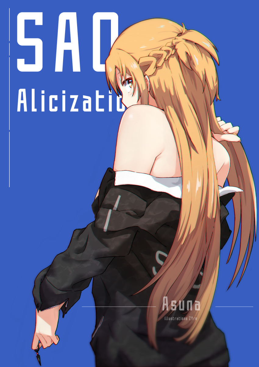 1girl artist_name asuna_(sao) black_sweater blonde_hair blue_background breasts brown_eyes character_name copyright_name highres holding holding_hair long_hair looking_at_viewer looking_back medium_breasts sideboob solo sweater sword_art_online upper_body very_long_hair zhayin-san