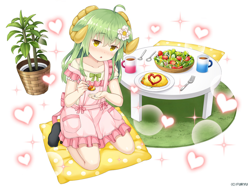 1girl :o ahoge animal_ears apron asatsuki_(monmusume-harem) bangs black_footwear blush bowl collarbone company_name cucumber cup eyebrows_visible_through_hair flower fork frilled_apron frills full_body green_hair green_ribbon hair_between_eyes hair_flower hair_ornament hand_up head_tilt heart holding holding_spoon horns jewelry ketchup long_hair looking_at_viewer monmusume-harem mug namaru_(summer_dandy) nose_blush official_art omelet pillow pink_apron plant plate pocket polka_dot potted_plant ribbon ring salad seiza sheep_ears sheep_girl sheep_horns shiny shiny_hair sidelocks simple_background sitting socks solo sparkle spoon suspenders suspenders_slip table tomato wedding_band white_background white_flower yellow_eyes