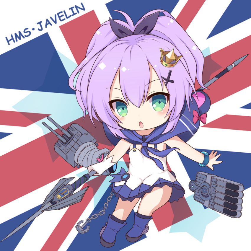 1girl anchor azur_lane bangs blue_footwear blush boots bracelet camisole cannon chains character_name chibi crown eyebrows_visible_through_hair full_body gloves green_eyes hair_between_eyes highres holding holding_weapon javelin javelin_(azur_lane) jewelry kyuujou_komachi looking_at_viewer mini_crown object_namesake parted_lips plaid plaid_skirt purple_hair purple_skirt single_glove skirt solo torpedo turret union_jack weapon white_camisole white_gloves