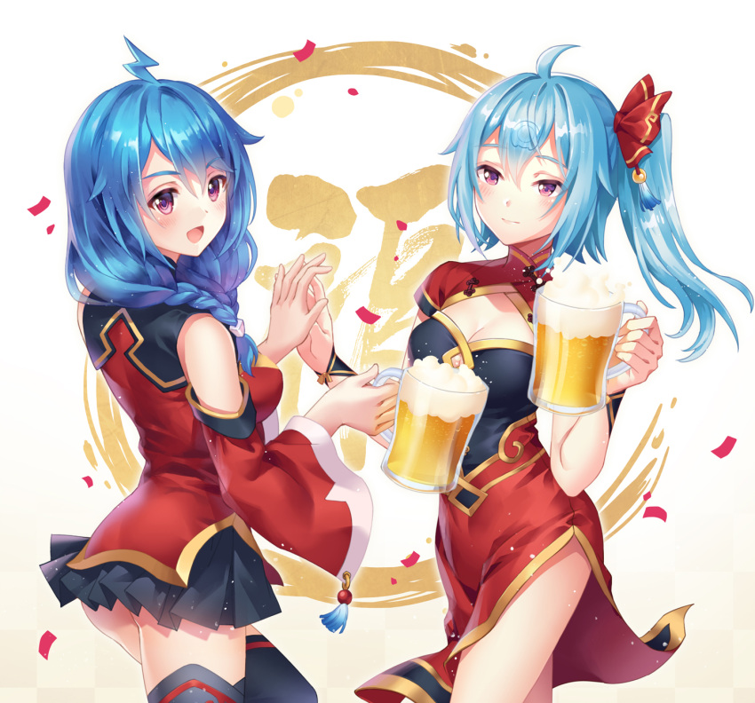 2girls :d ahoge alcohol beer bili_girl_22 bili_girl_33 bilibili_douga black_legwear black_skirt blue_hair blush braid breasts carminar cleavage_cutout cup detached_sleeves drinking_glass facial_mark forehead_mark hair_between_eyes hair_over_shoulder highres holding holding_drinking_glass looking_at_viewer medium_breasts multiple_girls open_mouth skirt smile standing thigh-highs twintails violet_eyes wide_sleeves