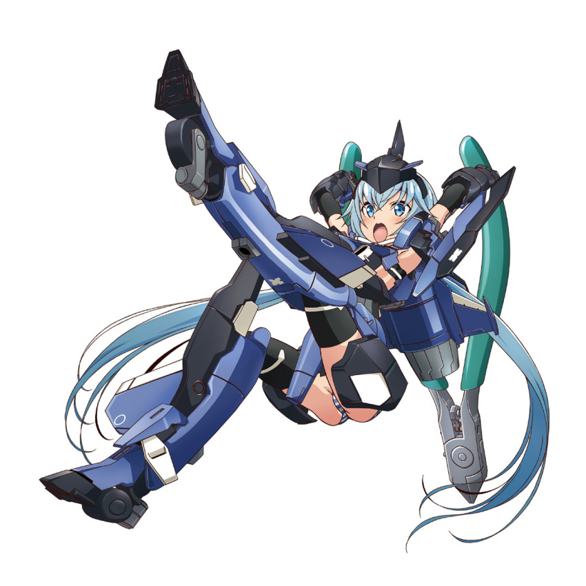 1girl black_gloves black_legwear blue_eyes blue_hair elbow_gloves eyebrows_visible_through_hair frame_arms_girl gloves headgear highres long_hair mecha_musume official_art open_mouth panties solo striped striped_panties stylet thigh-highs underwear very_long_hair white_background wire_cutters