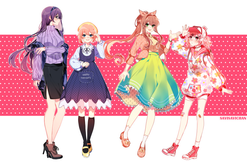 4girls :d alternate_costume artist_name backpack bag bandaid bandaid_on_knee black_legwear black_skirt blue_background blue_eyes boots brown_hair casual clothes_writing commentary doki_doki_literature_club dress english_commentary eyebrows_visible_through_hair eyes_visible_through_hair floral_print full_body green_background green_eyes green_skirt hair_between_eyes hair_ornament hair_ribbon hairband hairclip hat high-waist_skirt high_heels highres hood hooded_jacket jacket kneehighs long_hair looking_at_viewer monika_(doki_doki_literature_club) multiple_girls natsuki_(doki_doki_literature_club) open_mouth parted_lips pink_background pink_eyes pink_hair polka_dot polka_dot_background ponytail profile puffy_sleeves purple_hair ribbed_sweater ribbon savi_(byakushimc) sayori_(doki_doki_literature_club) shoes short_hair short_twintails simple_background skirt smile socks sweater twintails unmoving_pattern very_long_hair x_hair_ornament yellow_background yuri_(doki_doki_literature_club)