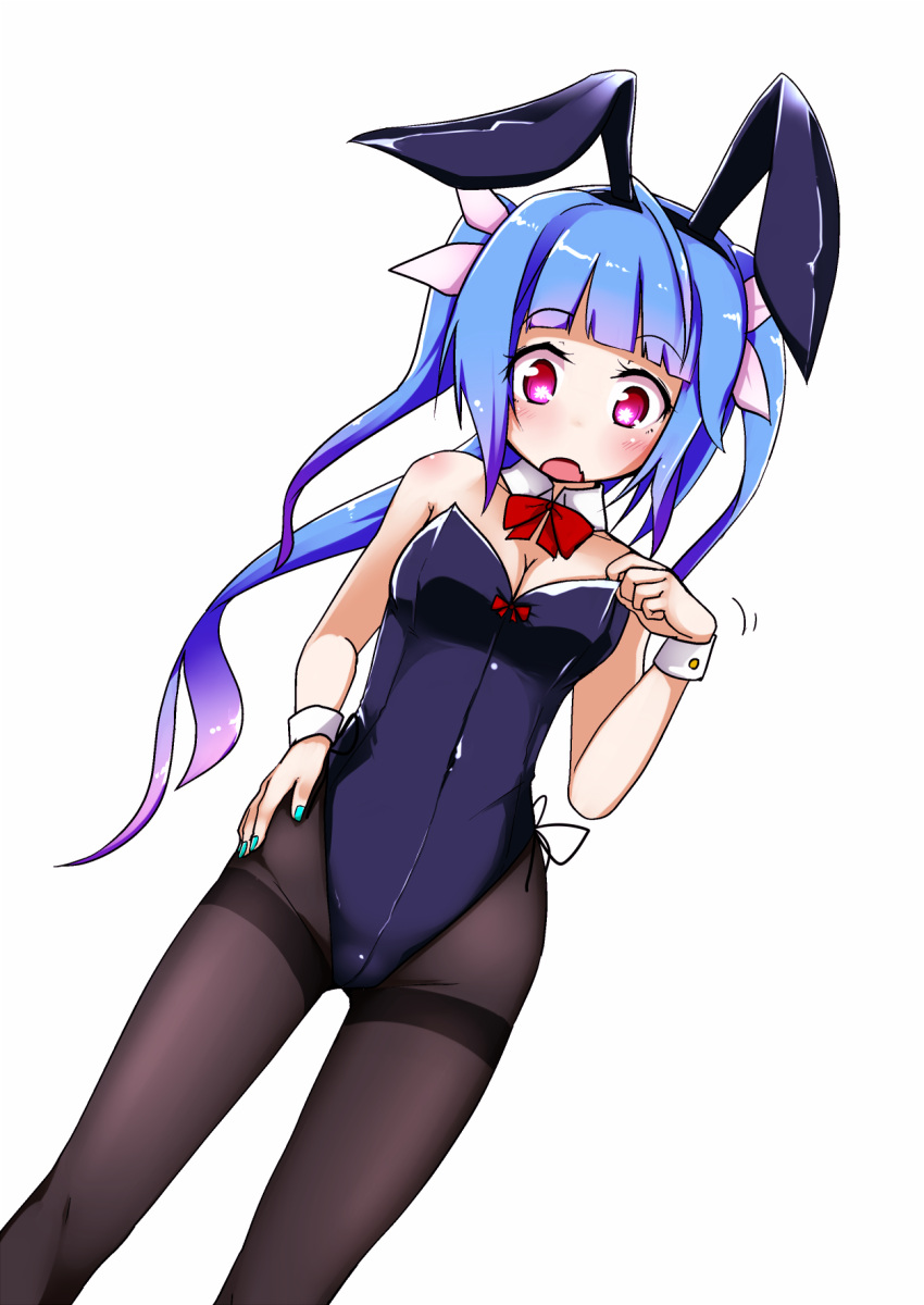 1girl animal_ears bare_shoulders black_legwear black_leotard blue_hair blush bow bowtie breasts bunnysuit cleavage detached_collar hair_ribbon highres i-19_(kantai_collection) kantai_collection leotard long_hair medium_breasts nail_polish nassukun open_mouth pantyhose rabbit_ears red_eyes ribbon simple_background solo strapless strapless_leotard symbol-shaped_pupils tri_tails white_background wrist_cuffs