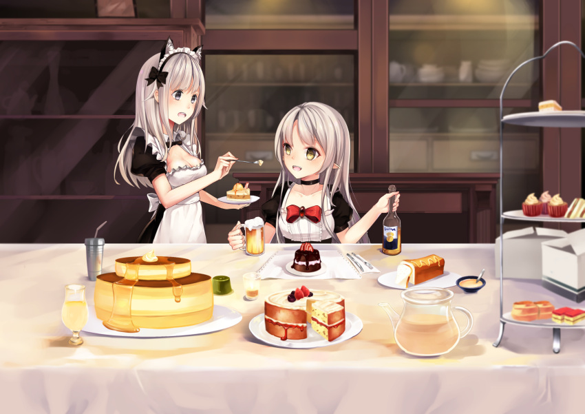 2girls :d alcohol animal_ears apron bangs beer beer_bottle beer_mug bendy_straw black_bow black_choker black_dress blush bottle bow breasts brooch cake cat_ears choker cleavage collarbone commentary_request cup cupcake dress drinking_glass drinking_straw elf eye_contact eyebrows_visible_through_hair feeding foam food fork frilled_apron frills grey_eyes hair_bow highres holding holding_bottle holding_fork holding_mug holding_plate indoors jewelry jug karin_(fineyanny) knife long_hair looking_at_another looking_to_the_side maid maid_headdress medium_breasts mug multiple_girls open_mouth original plate pointy_ears puffy_short_sleeves puffy_sleeves red_bow revision short_sleeves silver_hair sitting slice_of_cake smile standing syrup table tiered_tray very_long_hair white_apron wing_collar yellow_eyes