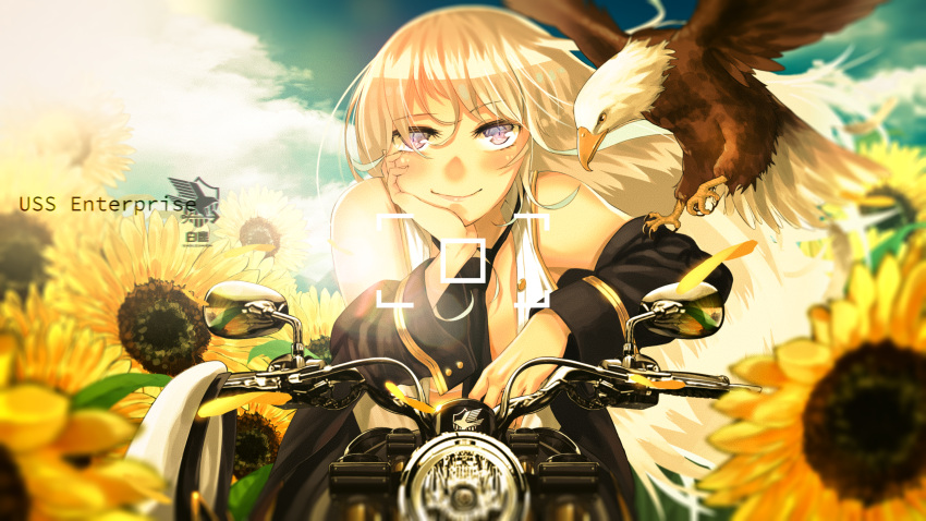 1girl absurdres azur_lane bang5410 bangs bare_shoulders bird black_neckwear blue_sky blush breasts character_name clouds day eagle elbow_rest enterprise_(azur_lane) eyebrows_visible_through_hair floating_hair flower ground_vehicle hat hat_removed head_in_hand headwear_removed highres large_breasts leaning_forward long_hair looking_at_viewer motor_vehicle motorcycle necktie peaked_cap shirt sidelocks silver_hair sitting_on_motorcycle skirt sky sleeveless sleeveless_shirt smile solo sunflower very_long_hair violet_eyes wind