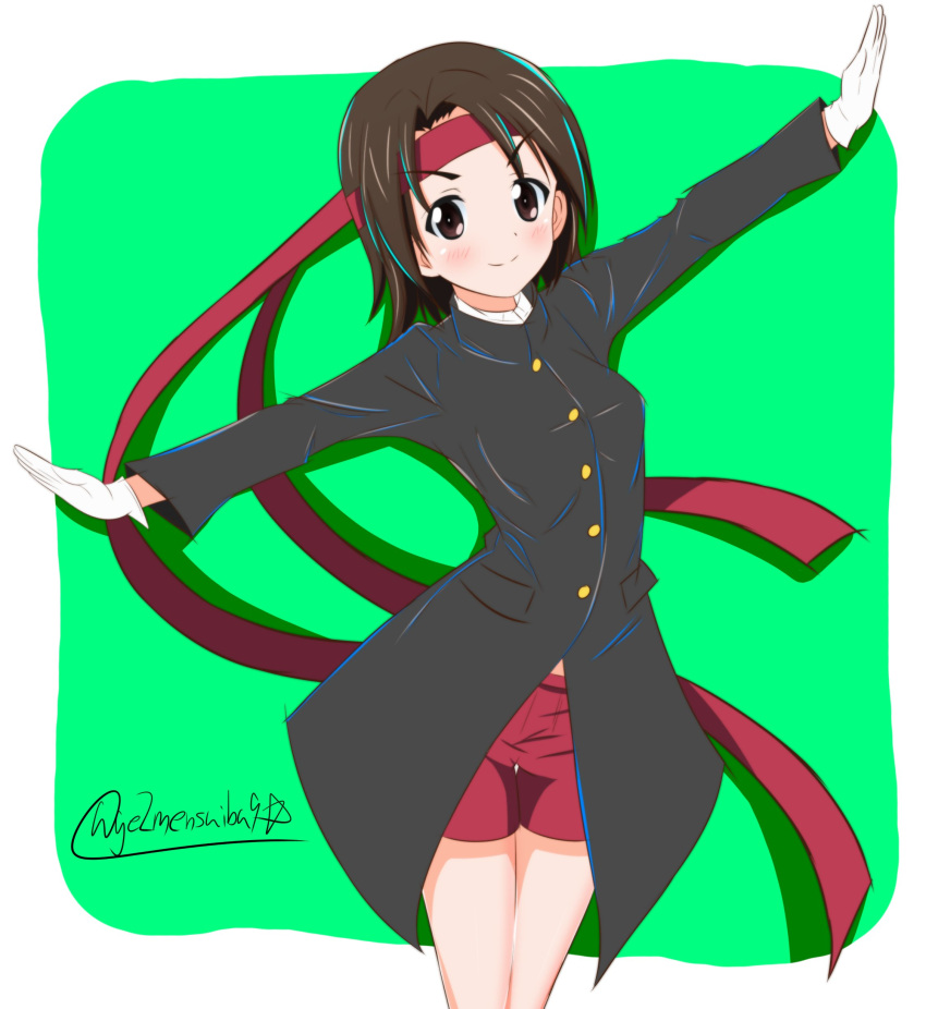 1girl absurdres bangs black_coat brown_eyes brown_hair closed_mouth commentary cowboy_shot gakuran getsumen_suibaku_ver._a(c) girls_und_panzer gloves green_background headband highres looking_at_viewer ouendan outside_border outstretched_arms parted_bangs red_headband red_shorts rounded_corners sawa_azusa school_uniform shadow short_hair shorts smile solo spread_arms standing twitter_username white_gloves
