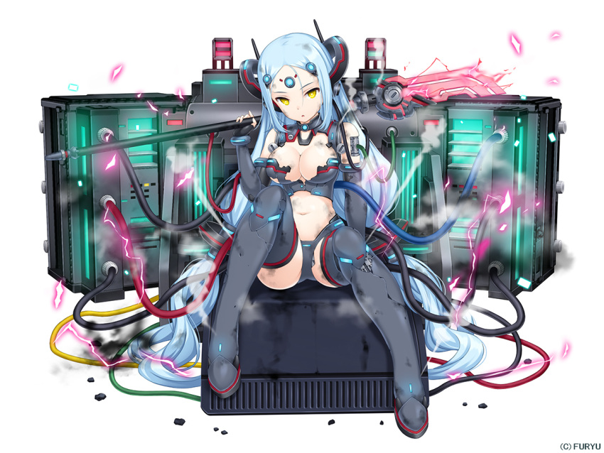 1girl android black_gloves blue_hair breasts broken cable cleavage company_name dirty electricity empty_eyes expressionless fingerless_gloves full_body gloves hair_between_eyes holding holding_spear holding_weapon knee_up large_breasts long_hair looking_at_viewer low_twintails monmusume-harem namaru_(summer_dandy) navel official_art over_shoulder parted_lips polearm robot_joints shiny shiny_hair sidelocks simple_background sitting smoke solo spear stomach straight_hair tsurime twintails very_long_hair weapon weapon_over_shoulder white_background yellow_eyes