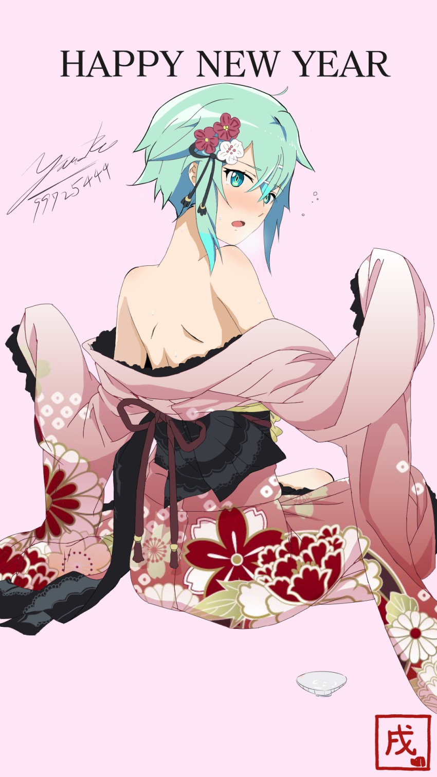 1girl aqua_eyes aqua_hair blush cup embarrassed floral_print furisode hair_between_eyes hair_ornament happy_new_year highres invisible_chair japanese_clothes kimono looking_at_viewer looking_back new_year obi open_mouth pink_background pink_kimono sakazuki sash shinon_(sao) short_hair_with_long_locks sidelocks signature simple_background sitting solo stamp sword_art_online translated undressing