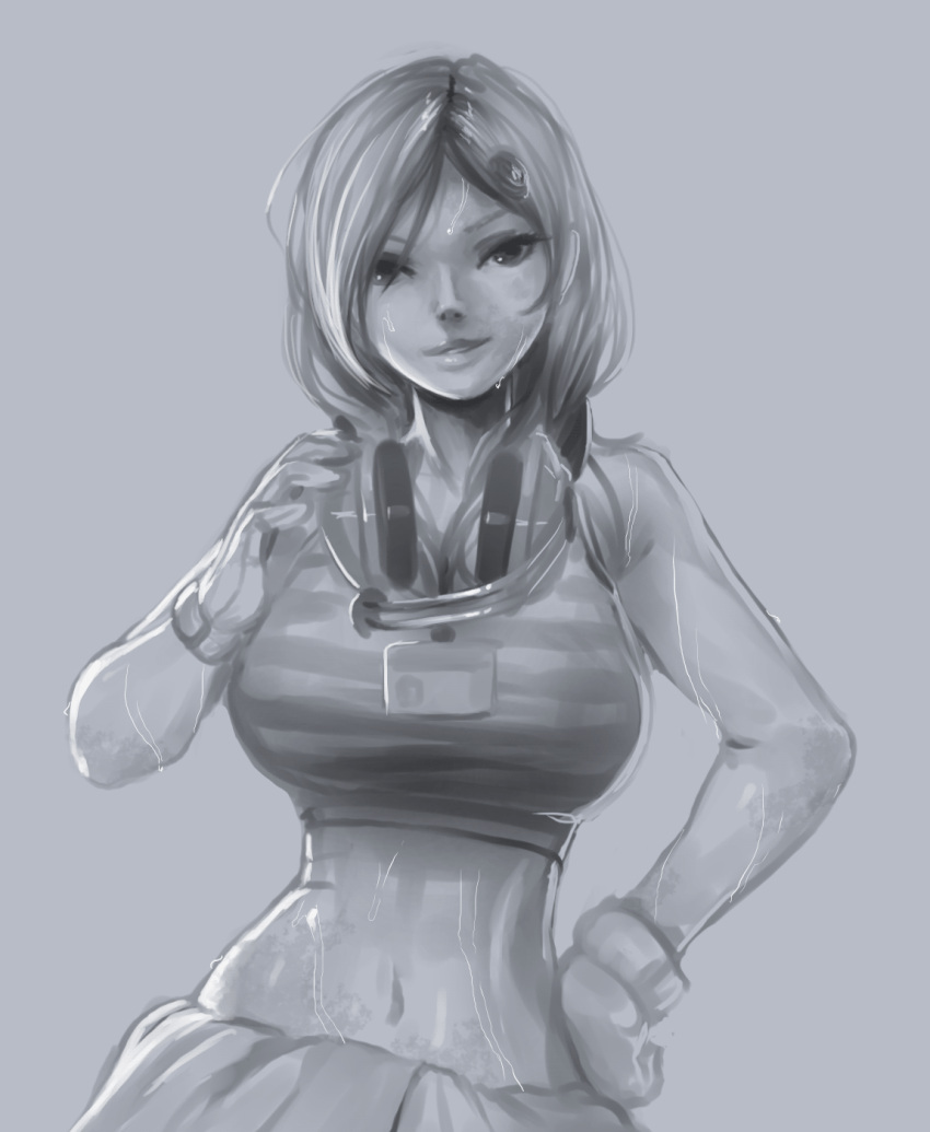 1girl alternate_breast_size breasts cleavage crop_top gloves highres jiffic large_breasts metal_gear_(series) metal_gear_rising:_revengeance name_tag short_hair sketch solo striped sunny_gurlukovich sweat tank_top