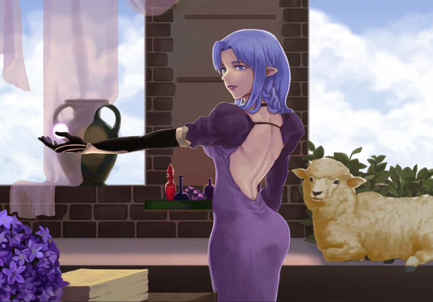 1girl ass backless_outfit ball bare_back black_gloves blue_eyes blue_hair bottle braid caster counter curtains dress elbow_gloves fate/grand_order fate_(series) flower gloves hz_(hae_za) long_dress long_hair looking_at_viewer looking_back outstretched_arm pointy_ears pot puffy_short_sleeves puffy_sleeves sheep short_sleeves side_braid solo window