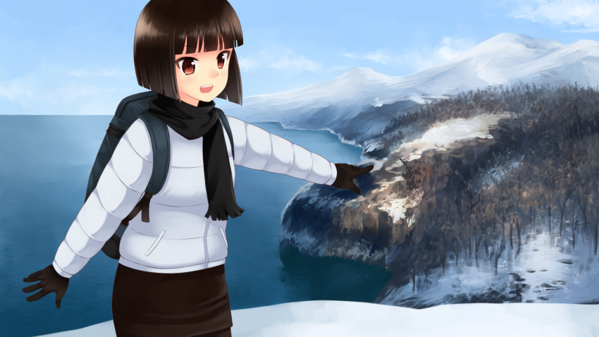 1girl akemiho_tabi_nikki backpack bag black_hair brown_eyes coat eyebrows_visible_through_hair fukube_tamaki gloves highres kouno_hikaru looking_to_the_side mountain open_mouth outdoors scarf short_hair skirt snow solo water